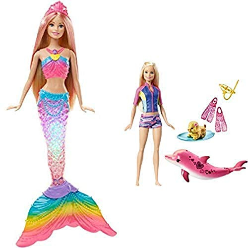 Barbie Rainbow Lights Mermaid Doll AND Barbie Dolphin Magic Snorkel Fun Friends Barbie Rainbow Lights Mermaid Doll AND Barbie Dolphin Magic Snorkel Fun Friends