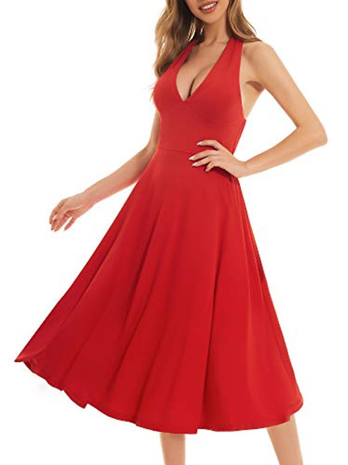 MSBASIC Halter V Neck Dress Pleated Red Cocktail Low Cut Dresses for Women Red M