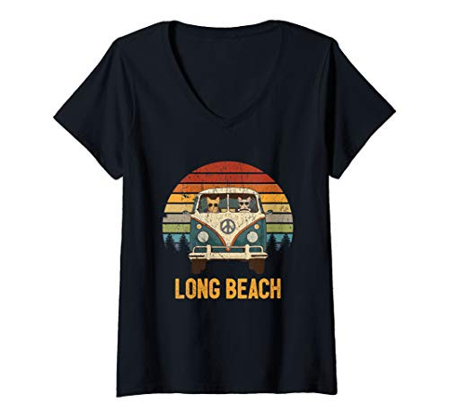 Womens Long Beach Cool Cats Road Trip Groovy Retro Van Sunrise Gift V-Neck T-Shirt