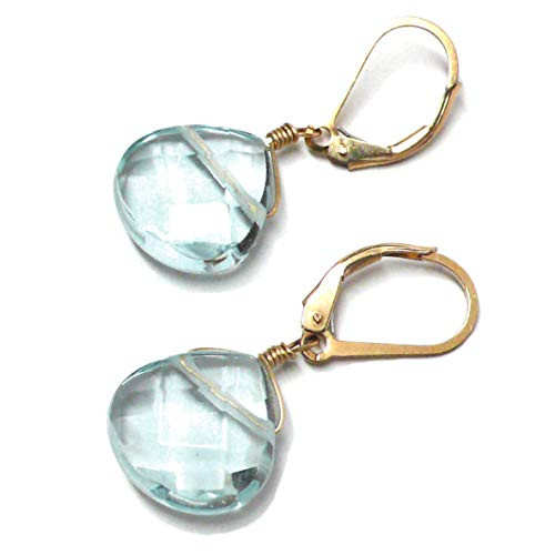 Lab Grown Aqua Quartz 12x12mm Briolette Lever Back Earrings Gold-Filled Lab Grown Aqua Quartz 12x12mm Briolette Lever Back Earrings Gold-Filled