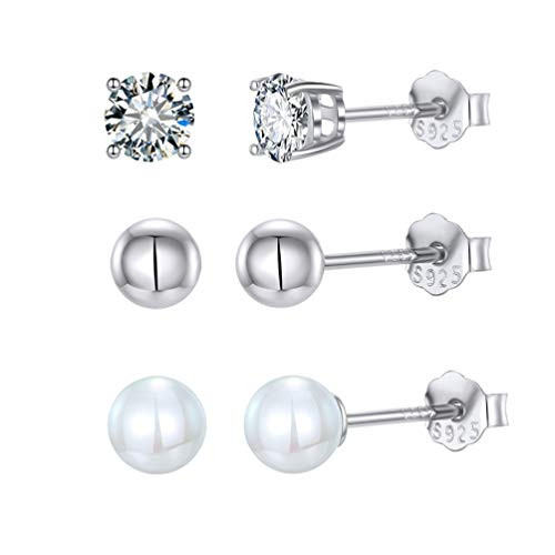 3 Pairs Sterling Silver Ball Stud Earrings Set for Women Tiny Pearl Cubic Zirconia Ball Stud Earring Sets For Teen Girls-silver-5MM- 3 Pairs Sterling Silver Ball Stud Earrings Set for Women Tiny Pearl Cubic Zirconia Ball Stud Earring Sets For Teen Girls-silver-5MM-