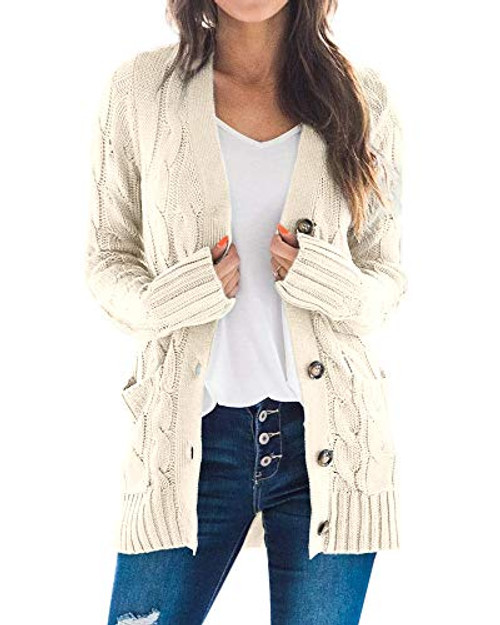 Klousilover Womens Cable Knit Pocket Cardigan Sweaters Button Down Open Front Long Sleeve Knitwear Coat Beige