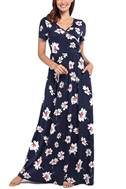 Comila V Neck Floral Maxi Dress  Summer Crossover V Neck Short Sleeve Beach Maxi Dress Vintage Classic Floral Dresses with Pockets for Summer Wedding
