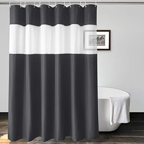 UFRIDAY Classic Waffle Weave Charcoal Grey Fabric Shower Curtains with Clear Mesh Window 72 x 72 inch  Durable Polyester Solid Charcoal Shower Curtain