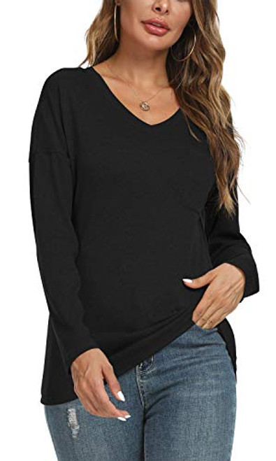 NILOUFO Womens Casual Blouses Long Sleeve T Shirts V Neck Tunic Tops with Pocket-Black  Large-