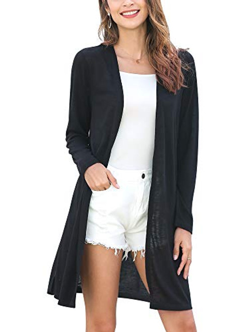 Womens Casual Long Open Front Lightweight Cardigan Summer Long Sleeve Side Split Cardigan Sweaters Black Medium