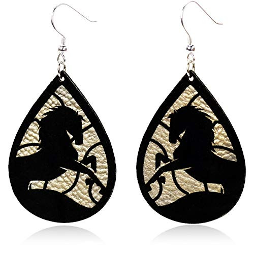 Dangle Teardrop Rearing Horse Earrings for Women  Black and Gold-Tone Faux Leather Horse Lover Gifts for Girls Dangle Teardrop Rearing Horse Earrings for Women  Black and Gold-Tone Faux Leather Horse Lover Gifts for Girls