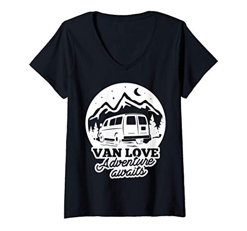 Womens Van Lovers Tee Adventure Gift Awaits Camping Tee V-Neck T-Shirt