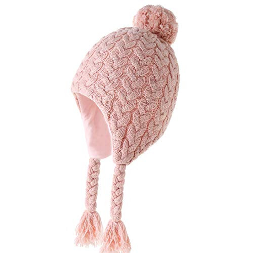 AHAHA Baby Winter Hat for Girls - Upgrade Earflap Pompom Classic Knitted Cute Braid Hats for Baby Girls Pink
