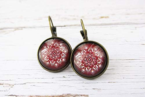Red Wine Flower Mandala Glass Dome Drop Earrings for Women  Gift for Her  Hippie Boho Earrings  Antique Brass Lever Back