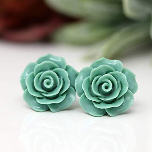 Large Rose Earrings on Plastic Posts for Metal Sensitive Ears  Thyme Green