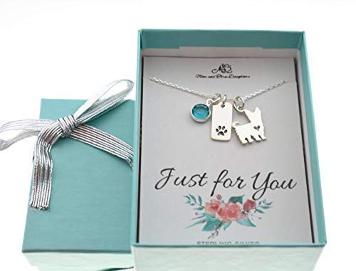 Yorkshire Terrier and Paw Print Charm Pendant on an 18 Inch Sterling Silver Chain Accented by a Swarovski Crystal Charm- Yorkie Gifts