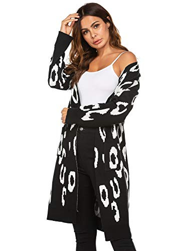 Chigant Women Leopard Cardigan Long Sleeve Open Front Maxi Sweaters Print Knitting Outwear Coats with Pockets Black