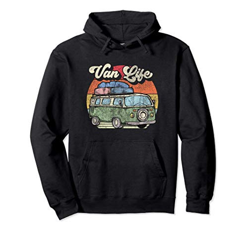 Van Life  Retro 70s Sunset Vintage Camper Van Distressed Pullover Hoodie