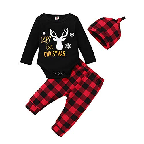 My Frist Christmas Outfits Baby Boy Letter Print Romper Bodysuit Plaid Pants Hat Xmas Clothes Set-Black 9-12 Months-