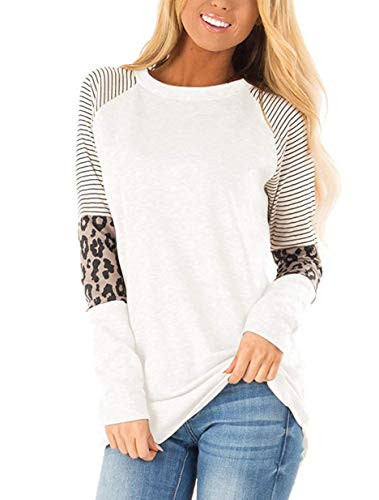 HARHAY Womens Leopard Print Color Block Tunic Round Neck Long Sleeve Shirts Striped Causal Blouses Tops White XXL