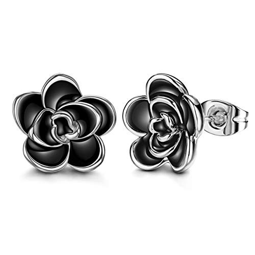 AllenCOCO 18K Gold Plated Black Rose Flower Stud Earrings for Women -W-