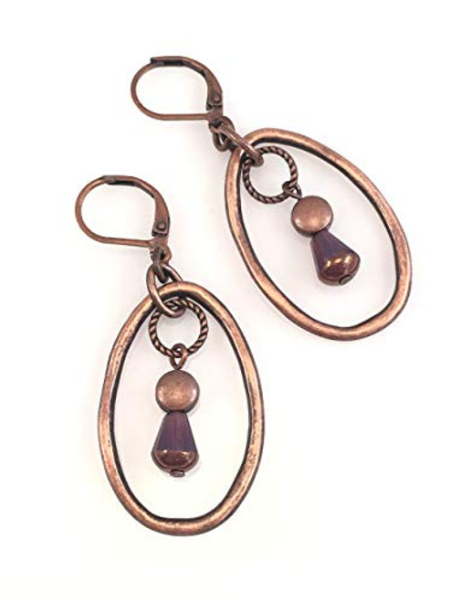 Antiqued Copper Loop with Purple Czech Glass Bead Lever BackEarrings Antiqued Copper Loop with Purple Czech Glass Bead Lever BackEarrings