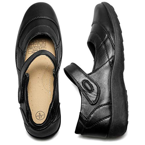 AOMAIS Womens PU Leather Flats Shoes School Mery Jane Shoes Black Slip On Loafers Comfortable-Black-US9-