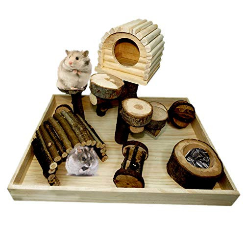 PINVNBY Hamster Wooden Playground Apple Wood Chewing Toys Climbing Steps Activity Platform with Natural Molar Wood Stone Food Bowl for Guinea Pigs Mou