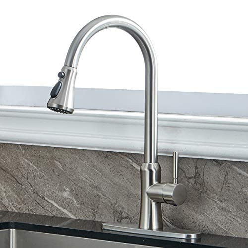 Friho Commercial Three Function Sprayer Single Handle High Arc Pull out Brushed Nickel Kitchen Faucet  Single Level Pull Down Kitchen Sink Faucet with