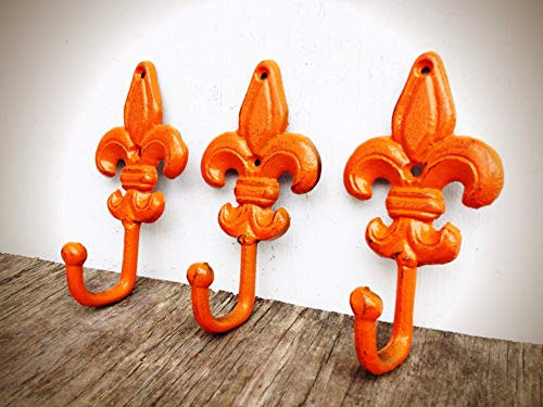 French Country Farmhouse Fleur De Lis Decorative Wall Hook Set - Coat Rack - Key Hanger - Bright Orange