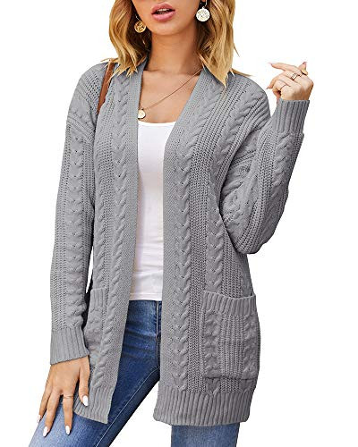 Ferbia Women Cable Knit Sweater Open Front Loose Boyfriend Cardigan Long Sleeve Chunky Slouchy Casual Fall Duster Pocket Grey