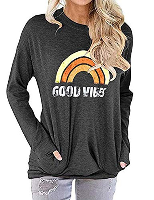 Womens Sweatshirts good vibes Long Sleeve Pullover Tshirt Pockets Casual Loose Blouse Tops -2-Gray M- Womens Sweatshirts good vibes Long Sleeve Pullover Tshirt Pockets Casual Loose Blouse Tops -2-Gray M-