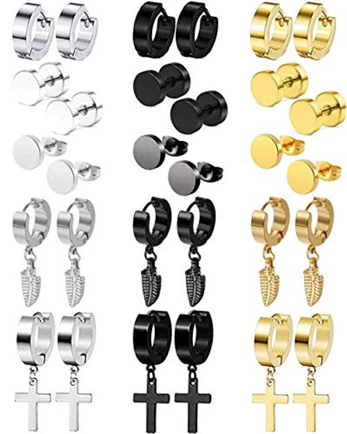 CARSHIER 15Pairs Stainless Steel Dangle Stud Earrings for Men Feather Huggie Hoop Hinged Loop Punk Earring Set Fathers Day Gift CARSHIER 15Pairs Stainless Steel Dangle Stud Earrings for Men Feather Huggie Hoop Hinged Loop Punk Earring Set Fathers Day Gift