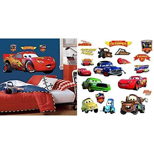 RoomMates Disney Pixar Cars Lightening McQueen Peel and Stick Giant Wall Decal and RoomMates Disney Pixar Cars - Piston Cup Champs Peel and Stick Wall