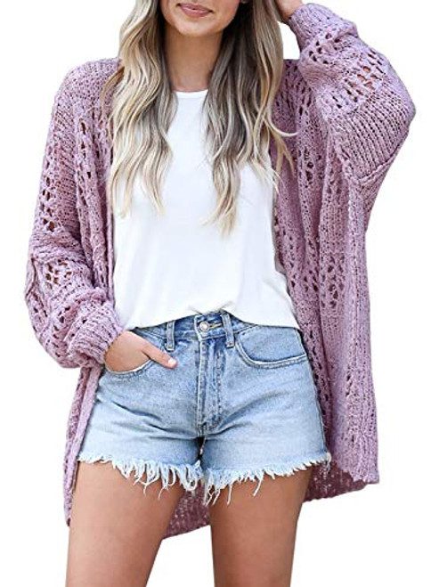 Ermonn Womens Crochet Open Front Cardigan Sweater Boho Long Sleeve Loose Knit Kimono Outwear Coat Purple