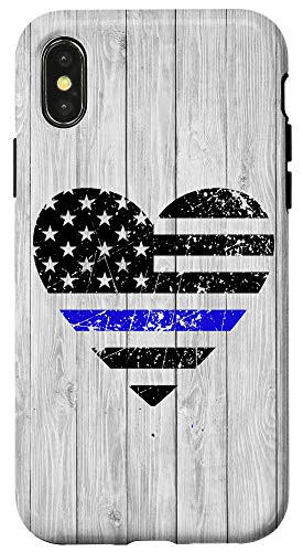 iPhone X-XS Wood Background Thin Blue Line Heart Law Enforcement Case