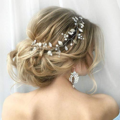 Unicra Bride Leaf Wedding Hair Vine Silver Pearl Bridal Hair Piece Crystal Hair Accessories for Women and Girls