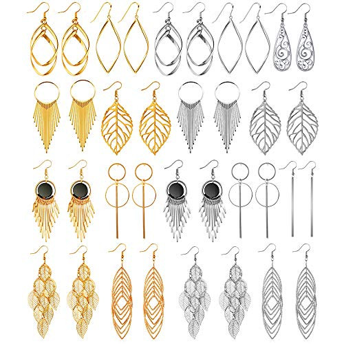 18 Pairs Drop Dangle Earrings Set Golden Silver Fringed Tassel Exaggerated Leaf Vintage Statement Earrings for Women Girls