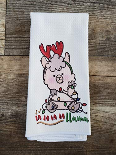 Fa la la la baby llama with lights waffle weave tea towel