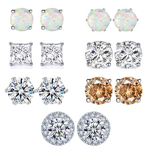 Stud Earrings Pack 18K White Gold Plated Halo Cubic Zirconia and Opal Earrings Hypoallergenic Studs for Sensitive Ears 7 Pairs Stud Earrings Pack 18K White Gold Plated Halo Cubic Zirconia and Opal Earrings Hypoallergenic Studs for Sensitive Ears 7 Pairs