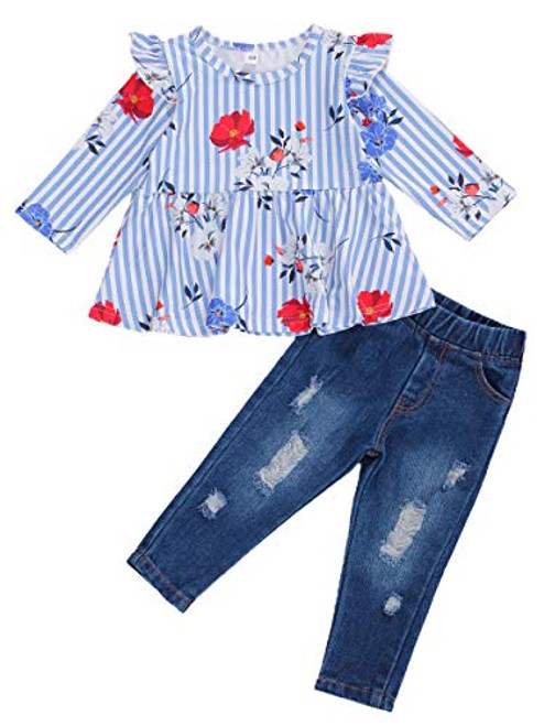Toddler Baby Girl Clothes Fall Set Flared Sleeve Ruffle T-Shirt Tops Denim Pants Ripped Jeans 2PCS Outfits Set -Striped Outfit  3-4T-