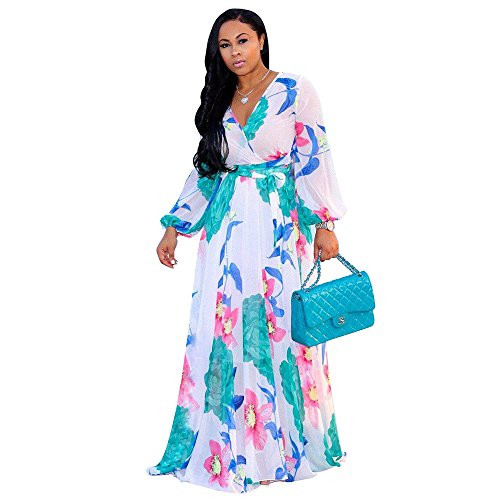 Nuofengkudu Womens Chiffon V-Neck Printed Floral Maxi Dress Long Sleeves Dresses High Waisted Belt Plus Size -White- XXL Nuofengkudu Womens Chiffon V-Neck Printed Floral Maxi Dress Long Sleeves Dresses High Waisted Belt Plus Size -White- XXL
