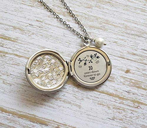 Ten Years Wedding Anniversary Gift for Her 10th Years Down and Forever to go Long Locket Necklace Hidden Message Necklace Anniversary Gift For Wife or