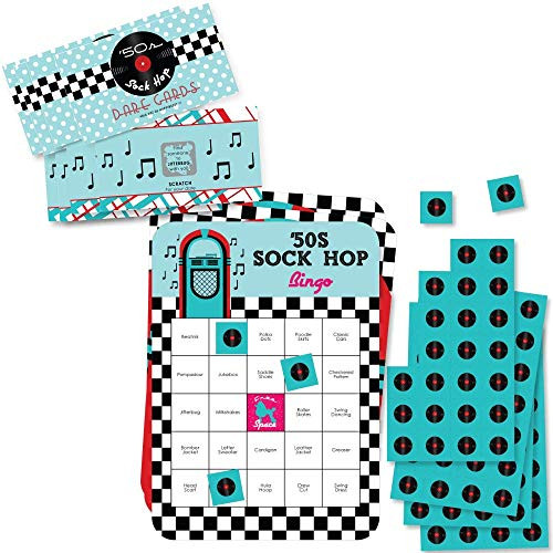 Big Dot of Happiness 50s Sock Hop Party Game Set - 1950s Rock N Roll Party Game Supplies Kit - Bingo Cards and Scratch-Off Cards Party Virtual Bundle