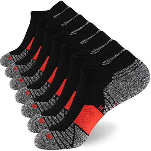 WANDER Mens Athletic Running Socks 7 Pairs Thick Cushion Ankle Socks for Men Sport Low Cut Socks 6-9-10-12 -7 Pairs Black Red  Shoe Size 12-14-