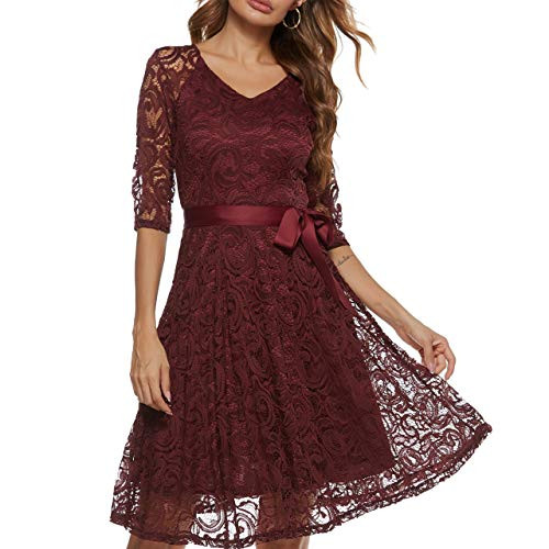 MODECRUSH Womens Party Dress Cocktail Dresses for Wedding Guest Bridesmaid Elegant Dress Floral Lace Formal Swing Dress for Special Occasion Burgundy