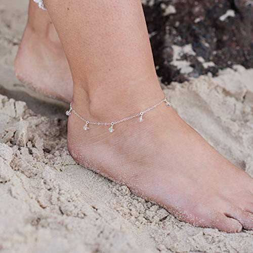 Boho crystal quartz gemstone dangle bead drop anklet in 925 sterling silver - 9 wide with 2 adjustable extender - April birthstone