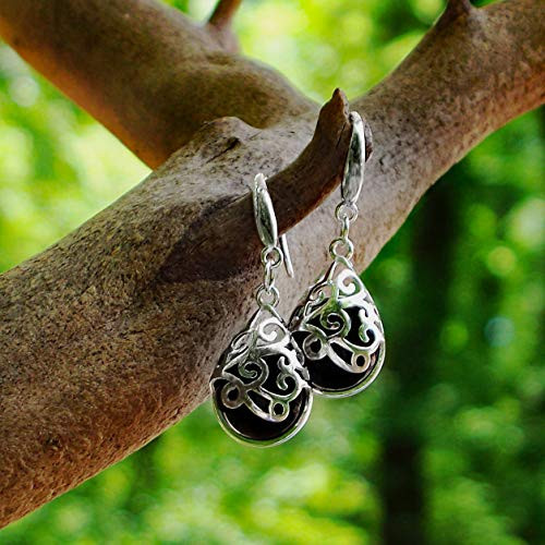 Recycled Antique Black Depression Glass and Sterling Silver Filigree Teardrop Earrings