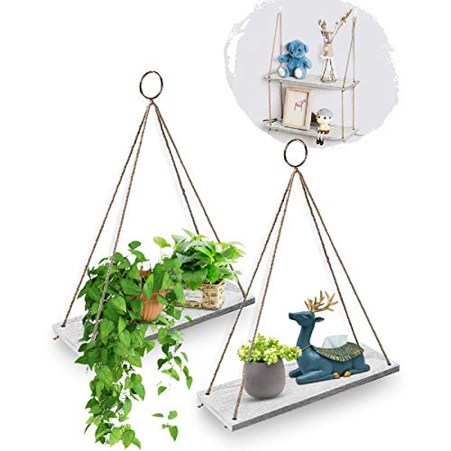 AGSIVO Hanging Shelves for Wall Hanging Floating Shelves with Rope for Living Room Bedroom Bathroom - Wood Hanging Shelf Storage Decor Wall Shelves  L
