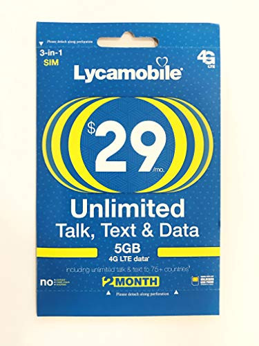 Lycamobile SIM Card 29 Plan 1st - 2nd Month Included Unlimited Talk and Text to US and 65- Countries 5GB of 4G LTE-60 Days Service-