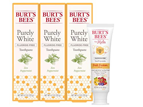 Burts Bees Toothpaste  Natural Flavor  Fluoride Free Purely White  Zen Peppermint  4-7oz 3 Count and Kids Toothpaste  Fluoride Free  Fruit Fusion  4-
