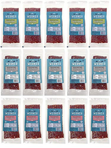 Werner Beef Jerky Slab Variety Pack of 15  Teriyaki  Sea Salt and Pepper  and Hot and Spicy Jerky Slabs -5 of each- 1 Ounce  Individually Wrapped Meat