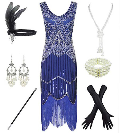 1920s Gatsby Sequin Fringed Paisley Flapper Dress with 20s Accessories Set -S  Style Flower Blue-