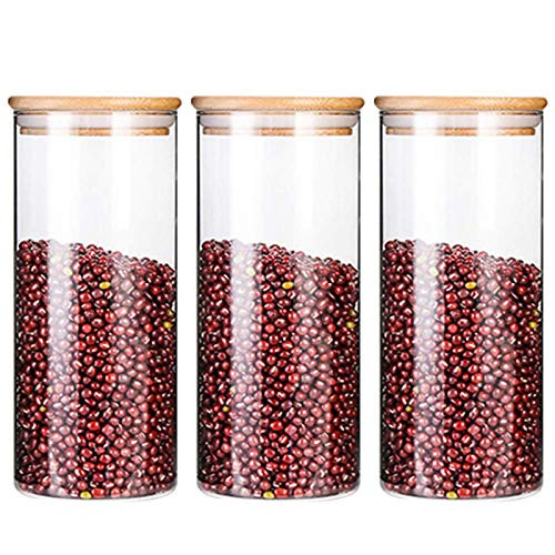VIVILINEN Glass Storage Jar Containers Food Storage Canisters with Airtight Bamboo Lid for Serving Tea Coffee Spice Flour Sugar Candy Snack 3pcs Set -